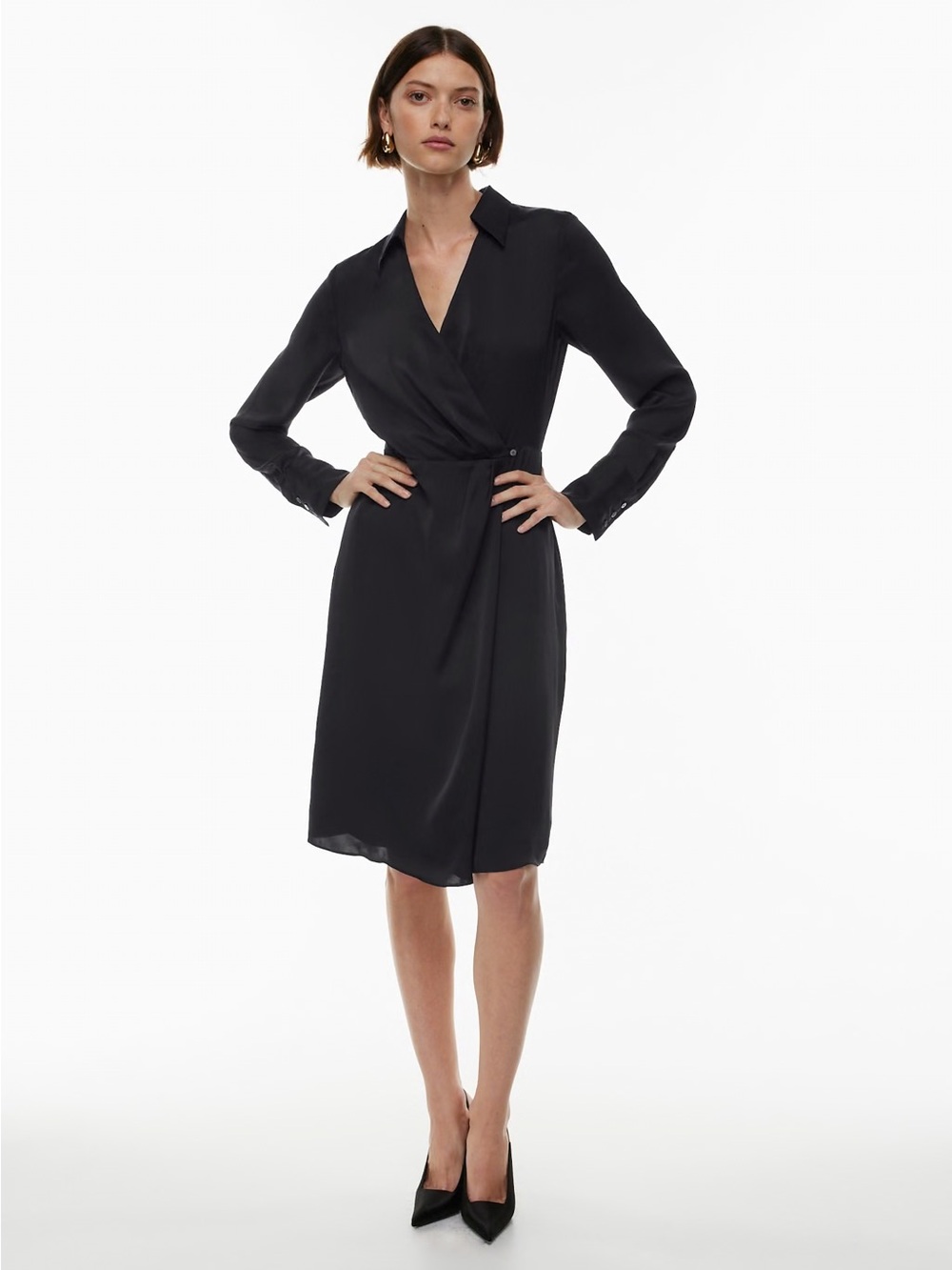Aritzia Babaton Larchmont Black Midi Satin Wrap Dress